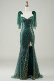 Sparkly Dark Green Mermaid Sequin Long Prom Dress with Slit