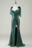 Sparkly Dark Green Mermaid Sequin Long Prom Dress with Slit