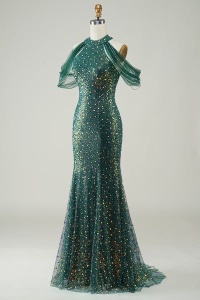 Zapaka Women Sparkly Dark Green Sequin Mermaid Long Prom Dress Halter Backless Formal Dress, Dark Green / UK10 Zapaka Women Sparkly Dark Green Sequin Mermaid Long Prom Dress Halter Backless Formal Dress, Dark Green / UK10