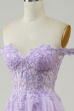 Purple Corset A-Line Long Tulle Prom Dress with Lace