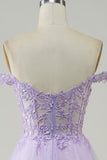 Purple Corset A-Line Long Tulle Prom Dress with Lace