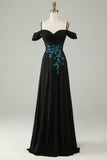 Cold Shoulder Black Sequins Corset Long Prom Dress