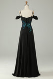 Cold Shoulder Black Sequins Corset Long Prom Dress