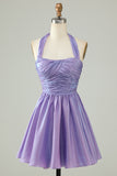Purple Halter Open Back Sleeveless A Line Homecoming Dress