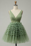 Green Tulle V-Neck Short Homecoming Dress With Open Back