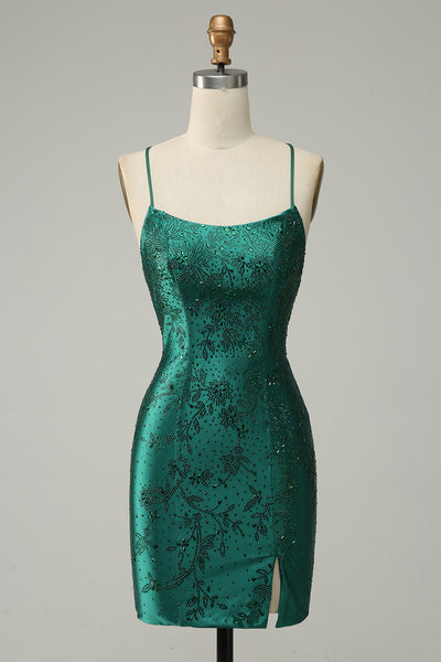 Zapaka Women Dark Green Short Prom Dress Bodycon Spaghetti Straps Homecoming Dress With Beading, Dark Green / US16 Zapaka Women Dark Green Short Prom Dress Bodycon Spaghetti Straps Homecoming Dress With Beading, Dark Green / US16