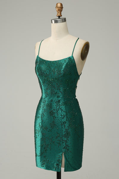 Zapaka Women Dark Green Short Prom Dress Bodycon Spaghetti Straps Homecoming Dress With Beading, Dark Green / UK16