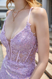 Purple Sparkly Appliques Corset Prom Dress with Slit