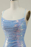 Blue Sequined Spaghetti Straps Mermaid Prom Dress
