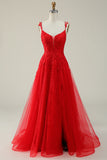 A Line Spaghetti Straps Red Long Prom Dress with Appliques