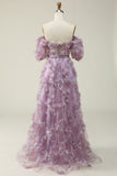 A Line Off the Shoulder Purple Long Prom Dress with Printing