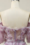 A Line Off the Shoulder Purple Long Prom Dress with Printing