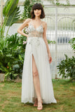 Tulle Spaghetti Straps White Long Prom Dress with Beading