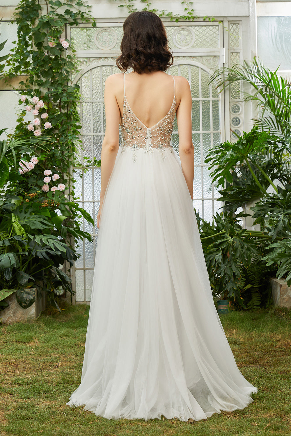 Tulle Spaghetti Straps White Long Wedding Dress with Beading