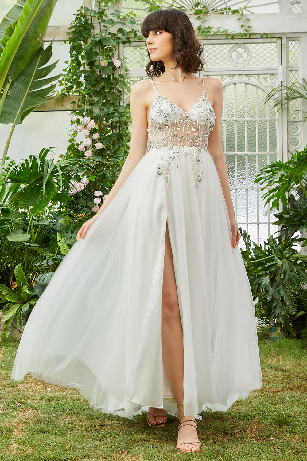 Tulle Spaghetti Straps White Long Wedding Dress with Beading