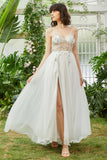 Tulle Spaghetti Straps White Long Wedding Dress with Beading