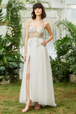 Tulle Spaghetti Straps White Long Wedding Dress with Beading