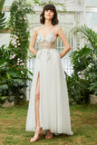 Tulle Spaghetti Straps White Long Wedding Dress with Beading