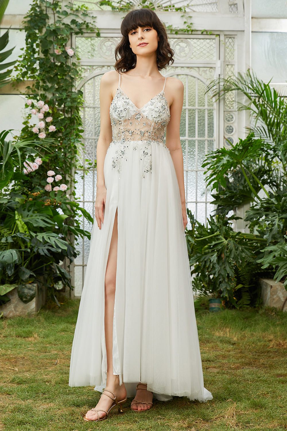 Tulle Spaghetti Straps White Long Wedding Dress with Beading