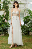 Tulle Spaghetti Straps White Long Wedding Dress with Beading
