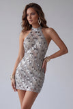 Sparkly Silver Open Back High Neck Beaded Tight Short Homecoming Dress