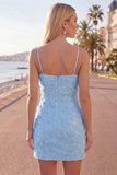 Pink Bodycon Spaghetti Straps Beaded Floral Homecoming Dress with Bow
