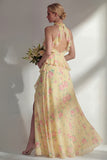 A-Line Blue Pink Flower Halter Neck Chiffon Long Bridesmaid Dress with Ruffles