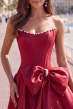 Peach Pink Satin Strapless Corset A-Line Pearls Homecoming Dress with Bow