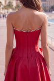 Peach Pink Satin Strapless Corset A-Line Pearls Homecoming Dress with Bow
