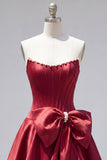 Peach Pink Satin Strapless Corset A-Line Pearls Homecoming Dress with Bow