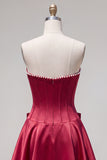 Peach Pink Satin Strapless Corset A-Line Pearls Homecoming Dress with Bow