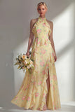 A-Line Blue Pink Flower Halter Neck Chiffon Long Bridesmaid Dress with Ruffles