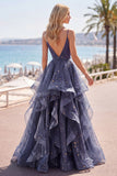 Starry Dusty Blue A Line Tiered Ruffle Long Prom Dress