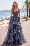 Starry Dusty Blue A Line Tiered Ruffle Long Prom Dress