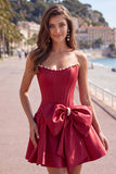 Peach Pink Satin Strapless Corset A-Line Pearls Homecoming Dress with Bow