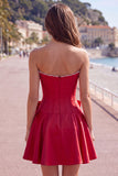 Peach Pink Satin Strapless Corset A-Line Pearls Homecoming Dress with Bow