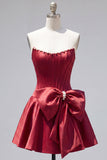 Peach Pink Satin Strapless Corset A-Line Pearls Homecoming Dress with Bow