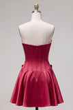 Peach Pink Satin Strapless Corset A-Line Pearls Homecoming Dress with Bow