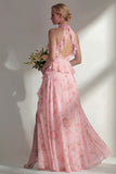 A-Line Blue Pink Flower Halter Neck Chiffon Long Bridesmaid Dress with Ruffles