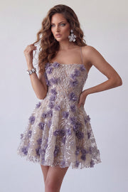 Sparkly Purple Sequin 3D Floral Short Homecoming Dress with Sequins