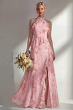 A-Line Blue Pink Flower Halter Neck Chiffon Long Bridesmaid Dress with Ruffles