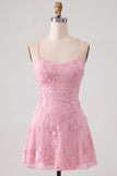 Butter Yellow A-Line Floral Embroidery Short Homecoming Dress with Lace Up Back