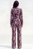 Green Flower 2 Piece Round Neck Single Breasted Jacquard Women Suits