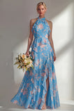 A-Line Blue Pink Flower Halter Neck Chiffon Long Bridesmaid Dress with Ruffles