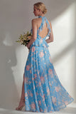 A-Line Blue Pink Flower Halter Neck Chiffon Long Bridesmaid Dress with Ruffles