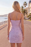 Pink Bodycon Spaghetti Straps Beaded Floral Homecoming Dress with Bow