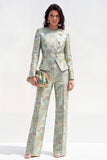 Green Flower 2 Piece Round Neck Single Breasted Jacquard Women Suits