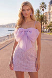 Pink Bodycon Spaghetti Straps Beaded Floral Homecoming Dress with Bow