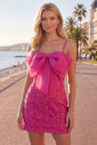 Pink Bodycon Spaghetti Straps Beaded Floral Homecoming Dress with Bow