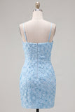 Pink Bodycon Spaghetti Straps Beaded Floral Homecoming Dress with Bow